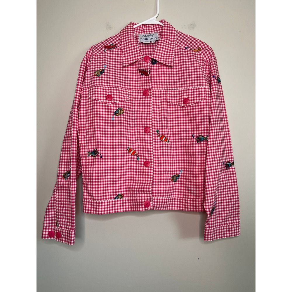 1990s Casey Coleman Gingham Embroidered Fish Maximalist Beach Coastal Jacket L